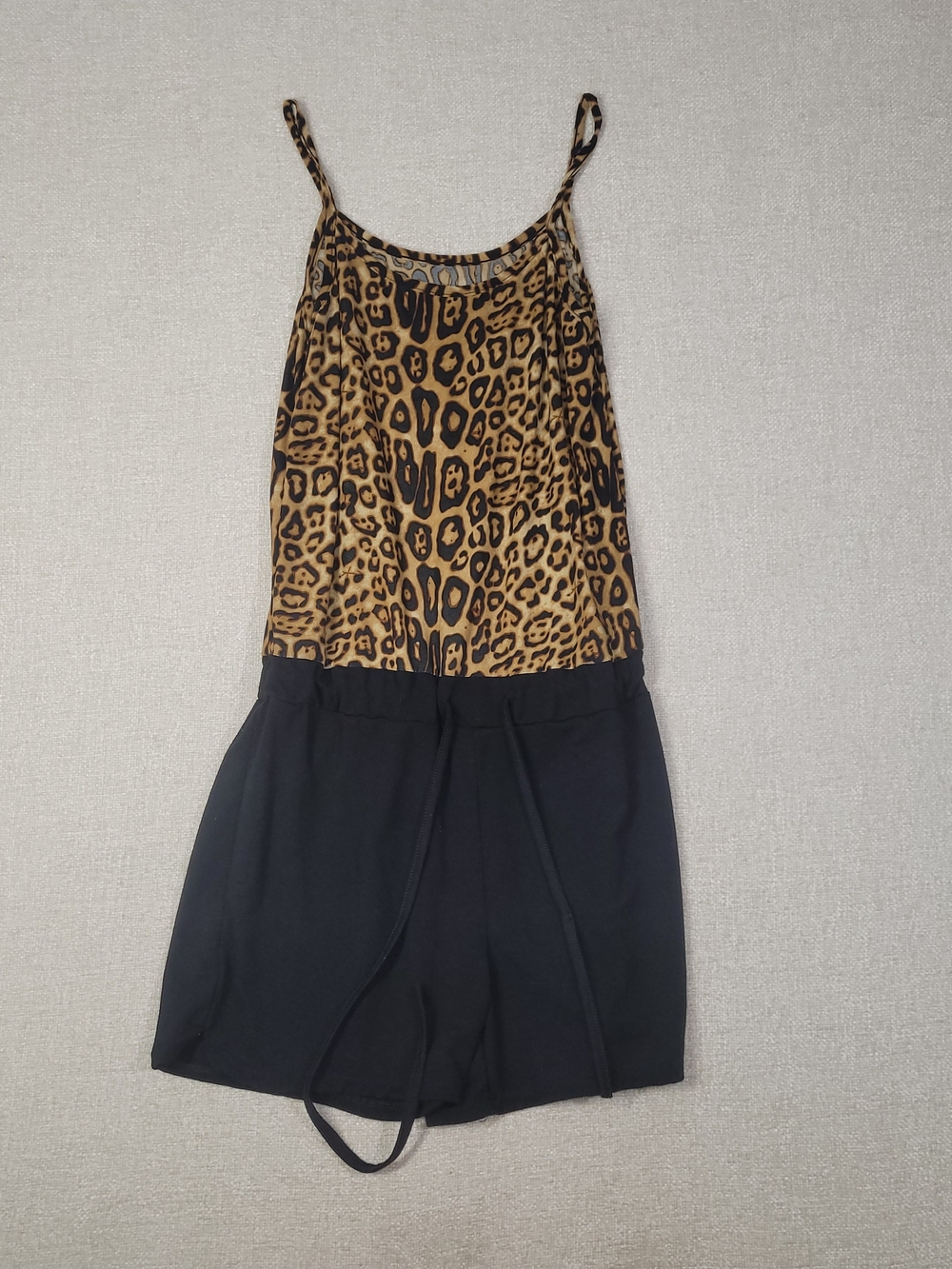 Leopard Print Spaghetti Strap Romper with Black Shorts